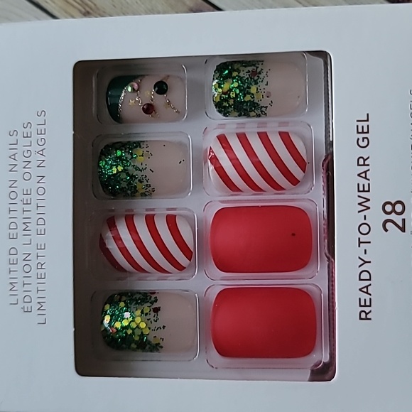 KISS Special Design Christmas Glue on Nails Glitter Stripes Short New Red Green - Picture 2 of 5